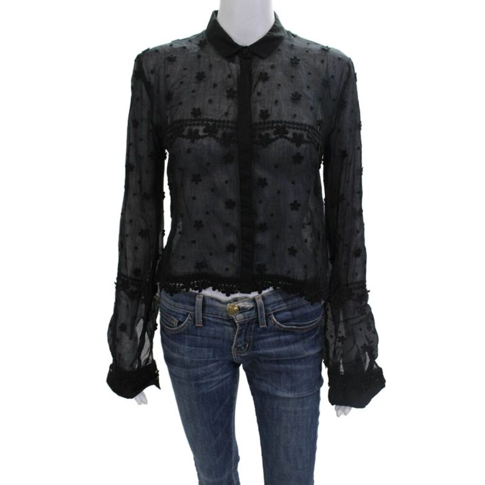 Giamba Women Black Floral Collared Button Up Long Sleeve Blouse Size XS